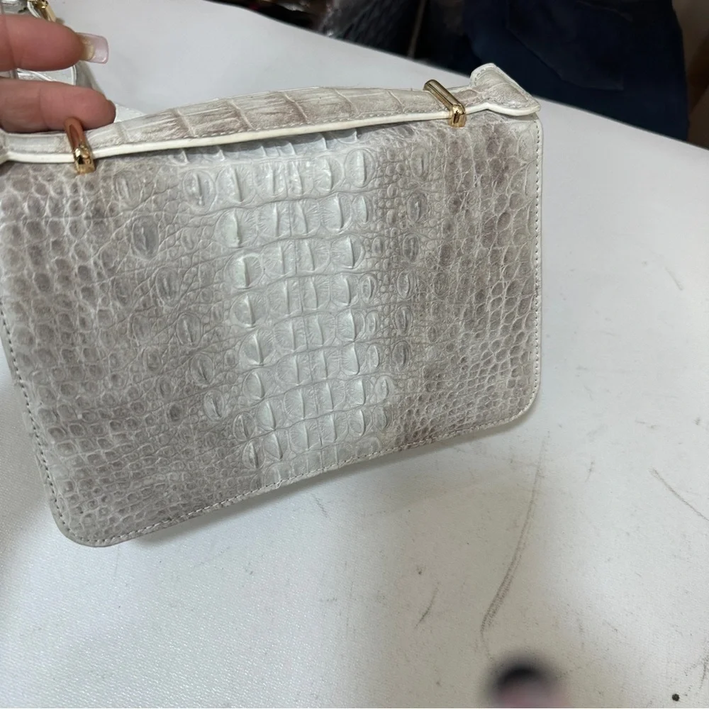 Grand Pelle Crocodile Embossed Leather White Flap Purse with Crossbody Strap
